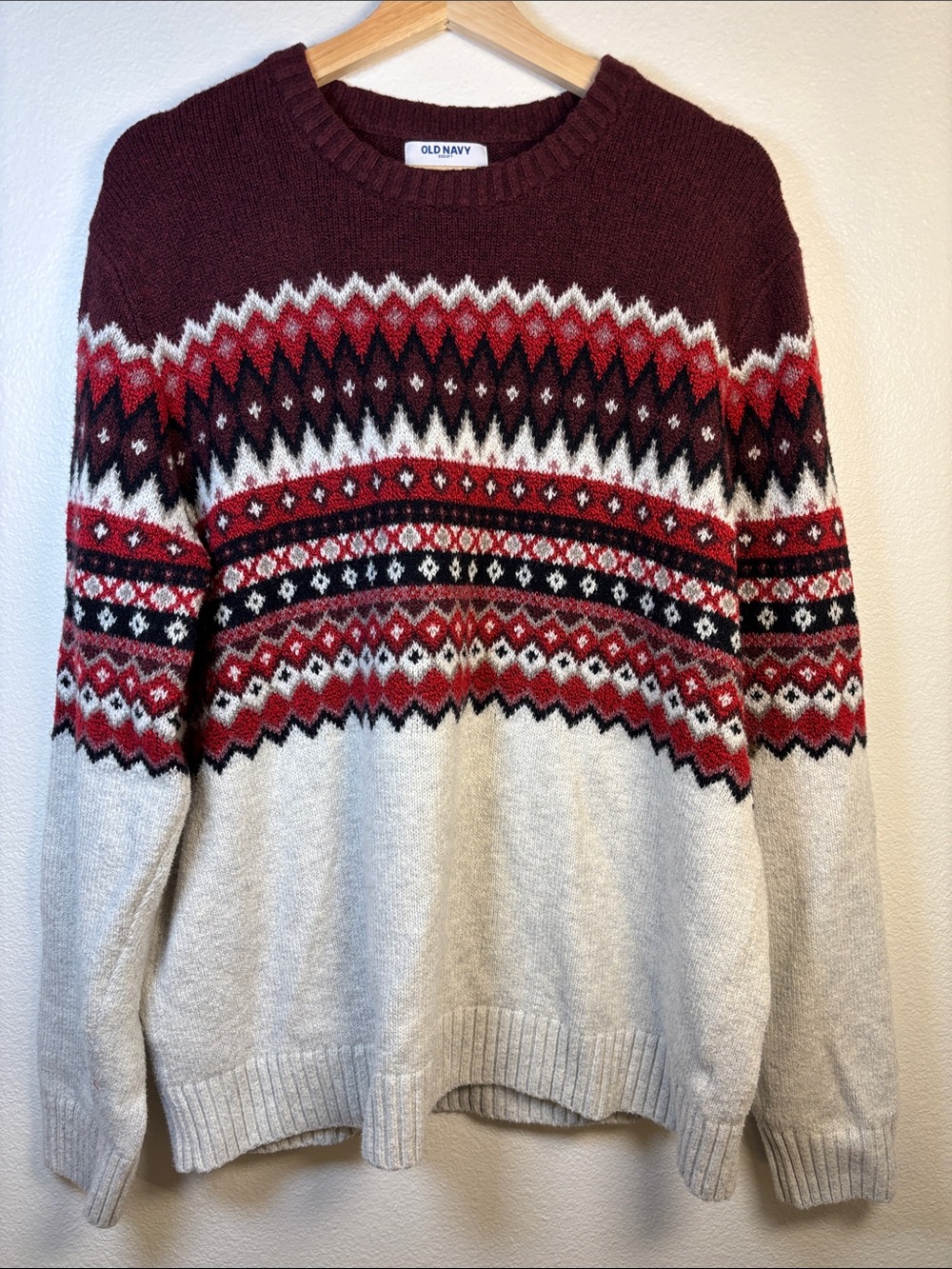 Old Navy Men's Fair Isle Crewneck Sweater - Burgundy, Red & Cream